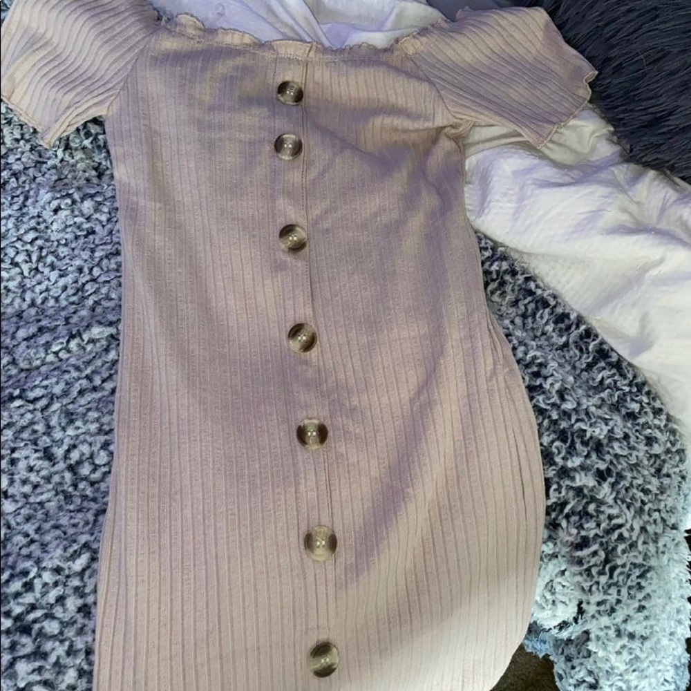 Off the shoulder tan body con dress